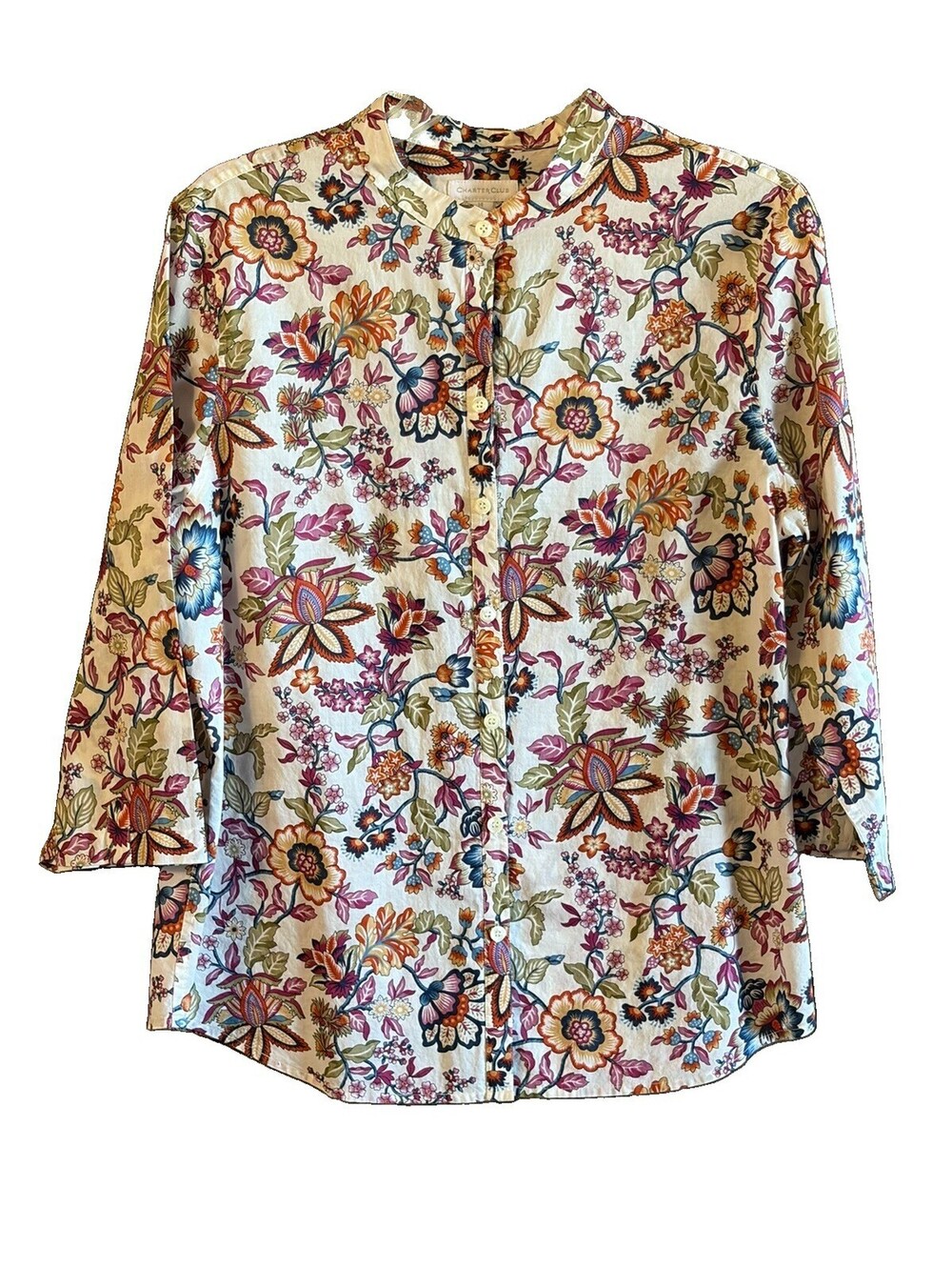 Charter Club 14 100% Cotton Floral Print Blouse3/4 Sleeve